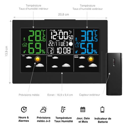 Station météo sans Fil Horloge de météo colorée numérique avec
