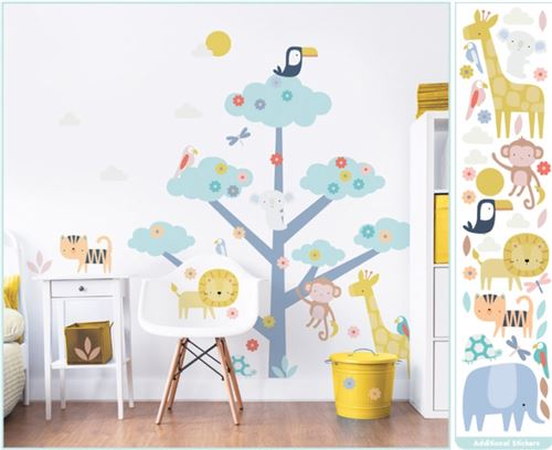 Sticker geant Arbre et Animaux de la jungle avec girafe, éléphant, lion, singe, et oiseaux 152cm