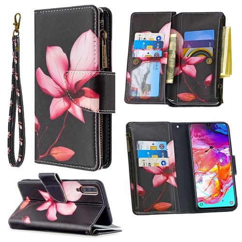 Etui en PU fermeture éclair à motifs avec sangle lotus pour votre Samsung Galaxy A70