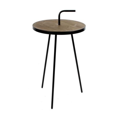 VIKA Bout de canapé rond - Vintage - Noir + plateau en bois naturel teinté - Ø 38 cm
