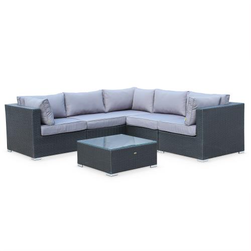 Salon de jardin en résine tressée - Napoli - Noir Coussins Gris - 5 places - 2 fauteuils sans accoudoir 3 fauteuils d'angle une table basse