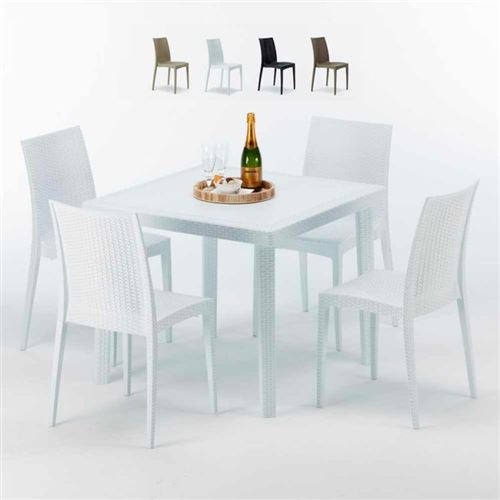 Table Carrée Blanche 90x90cm Avec 4 Chaises Colorées Grand Soleil Set Extérieur Bar Café BISTROT LOVE, Couleur: Blanc