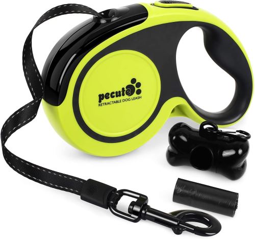 Pecute Laisse Enrouleur pour Chien, Laisse Chien Rétractable avec Coutures réfléchissantes Lumineuses, Jusqu'à 50kg Ruban en Nylon Solide Extensible à 5M, Un Boutton S'arrêter Bloquer, Taille L