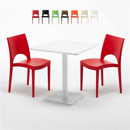 Table carrée 70x70 blanche avec 2 chaises colorées Paris Meringue, Couleur: Rouge