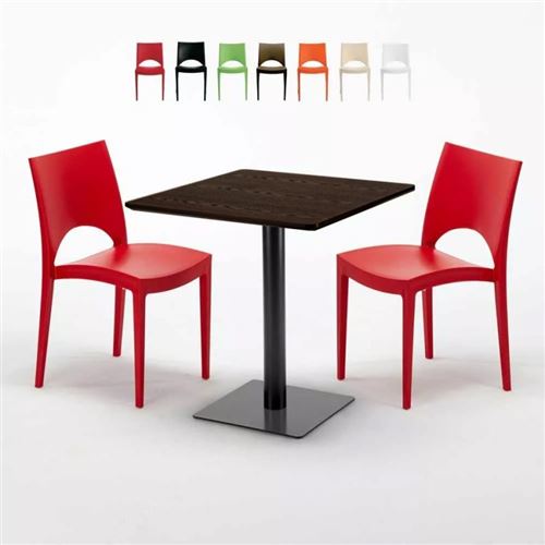Table carrée 70x70 plateau effet bois avec 2 chaises colorées Paris Melon, Couleur: Rouge