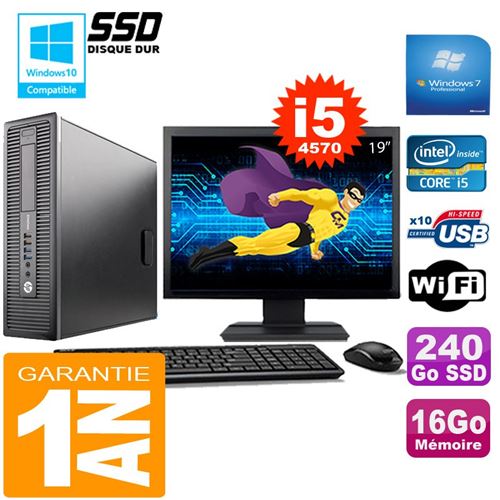 Pc hp elitedesk 800 g1 sff core i5-4570 16go disque 240 go ssd wifi w7 ecran 19'
