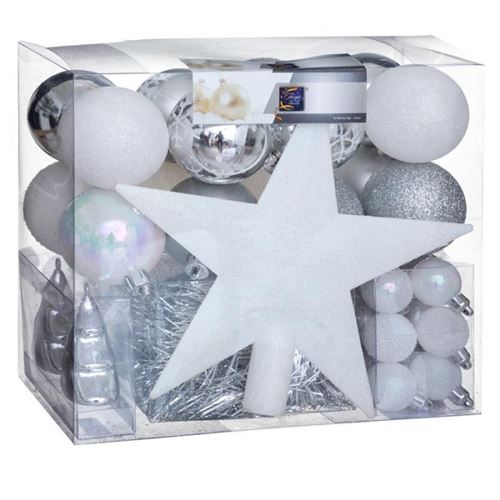 Lot déco noël 44 pièces pour sapin - blanc, parme et argent