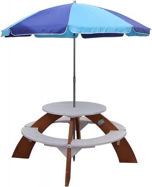 AXI Table picnic ORION ronde 141x141x62cm Brun Blanc avec parasol Bleu