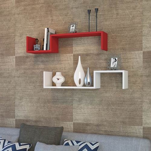 HOMEMANIA Set 2 Étagère Liatris Murales Flottantes, pour Livres - pour Salon, Bureau - Blanc, Rouge en Bois, 95,4 x 19,5 x 19,5 cm