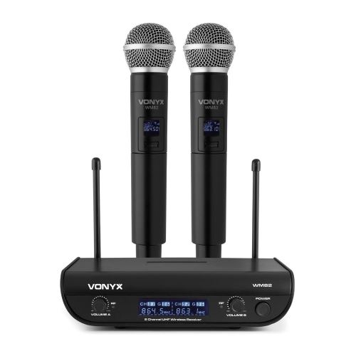 Vonyx Wm82 Système De Micros Sans Fil Uhf Numériques À 2 Canaux - Récepteur + 2 Micros Main - Noir
