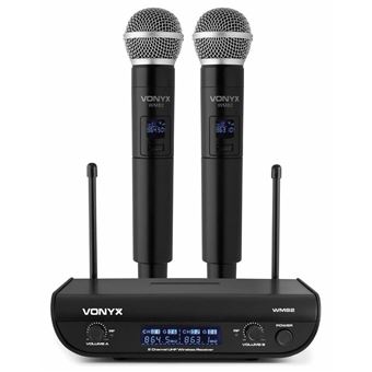 Vonyx WM82 Système de micros sans fil UHF numériques à 2 canaux - Récepteur + 2 micros main - Noir - 1