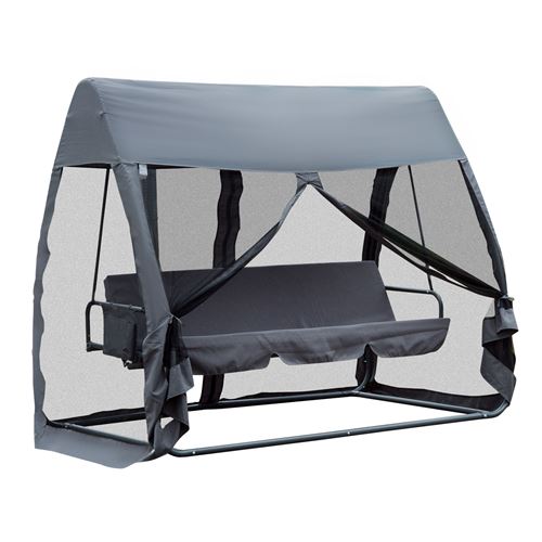 Balancelle de jardin convertible 3 places grand confort : matelas assise dossier, moustiquaire intégrale zippée avec toit, pochette rangement métal ép