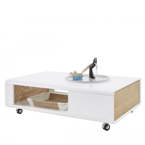 Table basse CORINTHE blanc laque mat et placage chêne 1 tiroir sur roulettes
