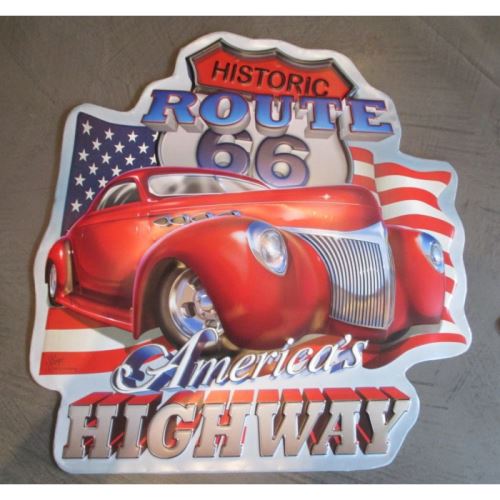 plaque historic route 66 avec kustom rouge 40x39 cm tole metal garage diner loft