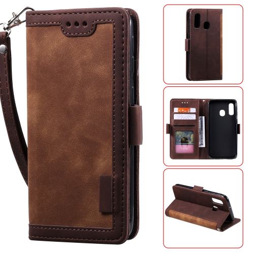 Etui en PU flip style d'épissage vintage avec support marron pour votre Samsung Galaxy A20e
