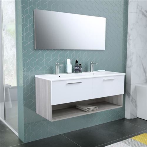 Bento Salle De Bain Double Vasque + Miroir L 120 Cm - 2 Tiroirs A Fermeture Ralenties - Blanc