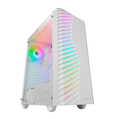MARSGAMING MC-VOLT, Caja Gaming ATX, Ventilador ARGB 120mm, Rejilla Frontal ARGB, Ventana Lateral Completa Cristal Templado, Gestión de Cableado, Semitorre PC con Soporte Refrigeración Líquida, Negro
