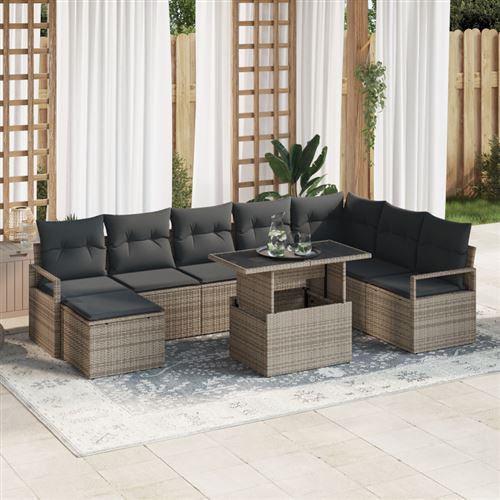 Non Communiqué Gris Ensemble De Canapé De Jardin 9 Pièces Avec Coussins Rotin, Canapé De Jardin 2 Places Avec Rangement Et Coussins Rotin
