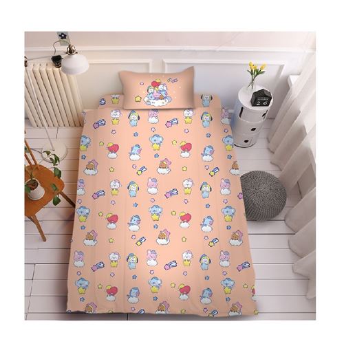 Set de housse de couette BT21 en coton 150x200cm avec drap housse 160*230cm et 2 taies d'oreiller 48*74cm - orange