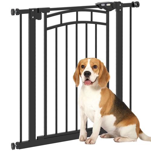 Barrière de sécurité pour chien extensible 74-80 cm, double verrouillage, fermeture automatique, barrière d'escalier à fixation par pression sans percer, hauteur 76 cm, noir