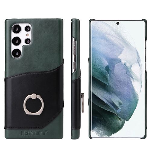 Coque avec Bague Pour Samsung Galaxy S22 Ultra Frusde avec Fente Carte en Cuir Etui-Vert