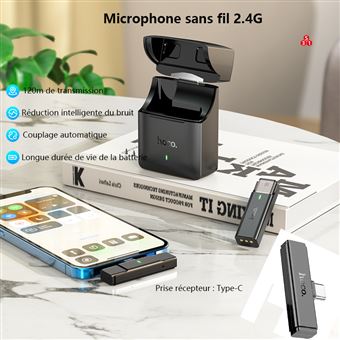 Microphone Cravate Sans Fil HOCO S31 Lavalier Mic pour  Samsung,Huawei,Xiaomi,OPPO Smartphone type C -Nebula Gris - Microphone