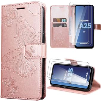 Coque pour Samsung Galaxy A25 5G, Rose, Effet Cuir avec Fentes pour Cartes et Béquille, Motif Papillon + 2 Verres Trempés - BOOLING - 1
