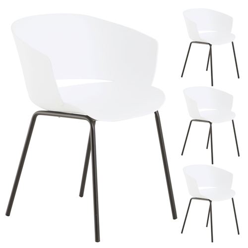 Lot de 4 chaises de jardin NIVEL fauteuil d'extérieur en plastique blanc résistant aux UV et pieds en métal noir