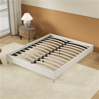 Lit avec sommier lattes en bois, Dimension 90x190 Cm, Revêtement En Tissu Blanc, Pieds En Bois - 1