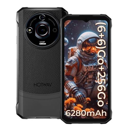 HOTWAV T7 Pro Smartphone Robuste 6Go+256Go, Écran 6,6 FHD+ Batterie 6280mAh Caméra 64MP Téléphone Android IP68 Étanche - Noir