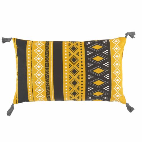 Coussin déhoussable à pompons 30x50 cm coton imprime talismania