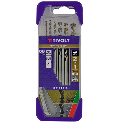 Coffret 6 Forets Bois durs et Métal 2en1 TIVOLY Ø2-3-4-5-6-8mm Graduation laser Perçage rapide et précis bois durs et aciers