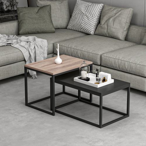 HOMEMANIA Table Basse Leka Compacte Modulable - pour Salon, Canapé - Noyer, Noir en Bois, Métal 60 x 47 x 45 cm