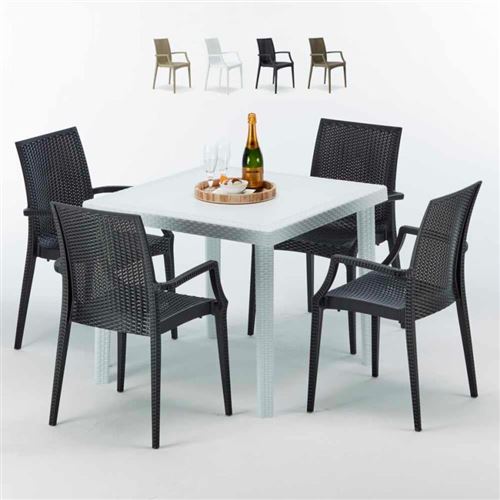 Table Carrée Blanche 90x90cm Avec 4 Chaises Colorées Grand Soleil Set Extérieur Bar Café ARM BISTROT LOVE, Couleur: Noir