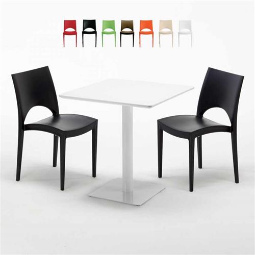 Table carrée 70x70 blanche avec 2 chaises colorées Paris Meringue, Couleur: Noir