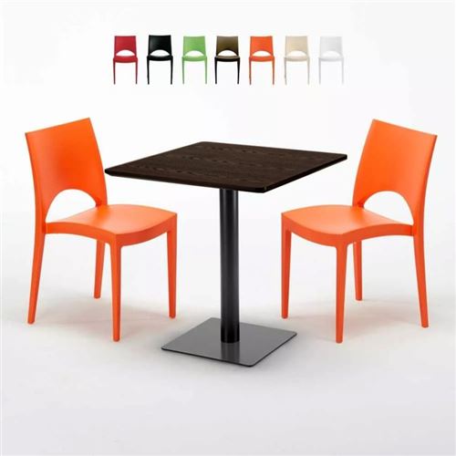 Table carrée 70x70 plateau effet bois avec 2 chaises colorées Paris Melon, Couleur: Orange