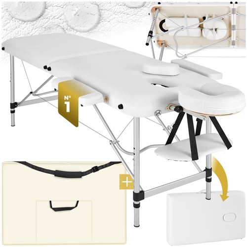 TECTAKE Table de Massage Pliante Portable 2 Zones en Aluminium Blanc + Housse