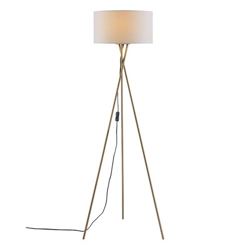 lampadaire trépied métal doré - abat jour en tissu blanc - diam 34 x h 140 cm