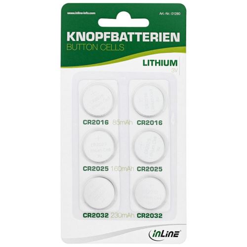 Jeu de piles bouton InLine®, 3V Lithium, 2x CR2016, 2x CR2025, 2x CR2032, 6 pièces pack