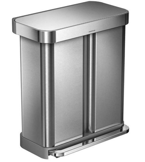 simplehuman Poubelle Rectangulaire À Pédale Double Compartiment Réserve À Sacs Brossé 58L (34/24)