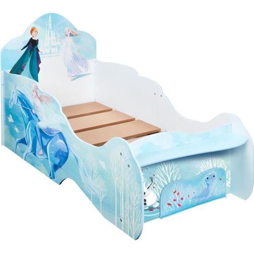Lit enfant en forme de traîneau Disney La Reine des Neiges avec rangement en pied du lit