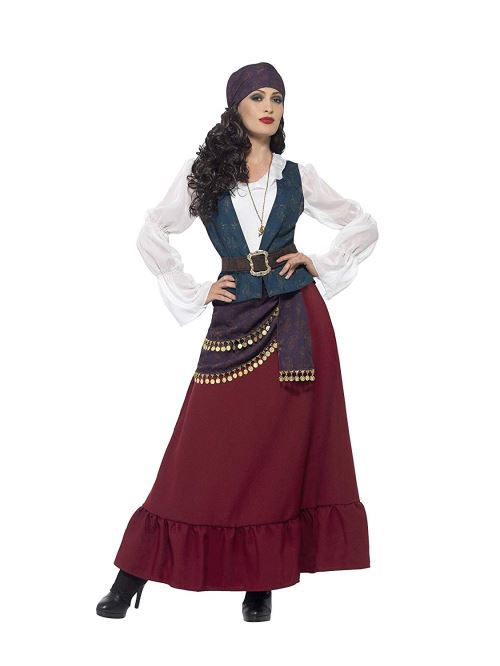 Smiffys Costume belle flibustière Deluxe, Violet, avec robe, ceinture, bandana et collie