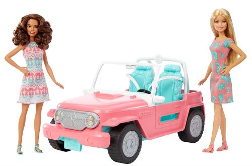 Barbie Voiture Jeep rose, véhicule tout-terrain avec deux sièges turquoises, deux poupées incluses, jouet pour enfant, FPR59