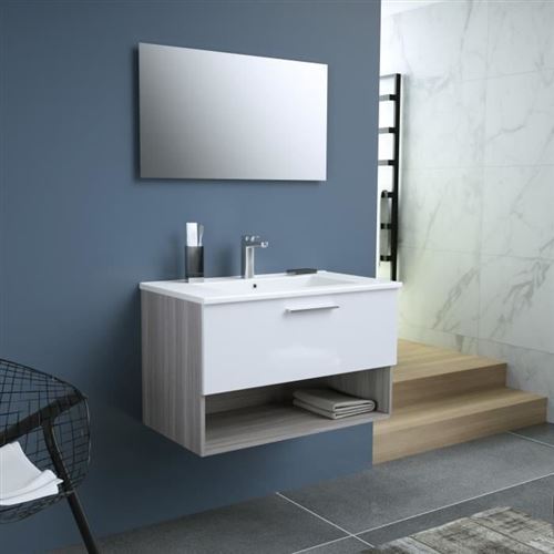 Bento Salle De Bain Simple Vasque + Miroir L 80 Cm - 1 Tiroir A Fermeture Ralentie - Blanc