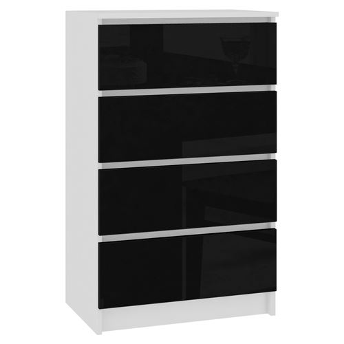 SKANDI - Commode moderne chambre bureau salon 4 tiroirs gloss Blanc/Noir laqué