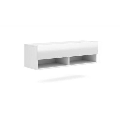 Meuble TV suspendu design CLUJ, 100 cm, 1 porte et 2 niches, coloris blanc et blanc brillant.