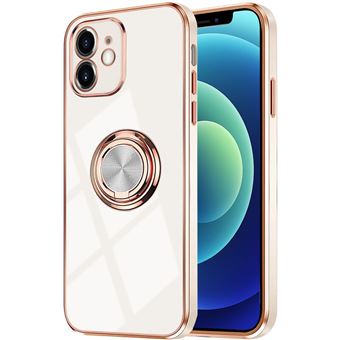 Coque Anneau pour iPhone 12 Blanc Antichoc Elégant Anti-Rayure Luxe Fashion Bordure Or - BOOLING - 1
