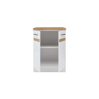 Meuble Bas De Cuisine Sous évier 2 Portes - Blanc Brillant / Plan Chêne Canadien - 80x60x90 Cm, Livré En Kit