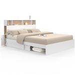 Lit double CLEM avec rangements + tête de lit et sommier 160 x 200 cm blanc et hêtre