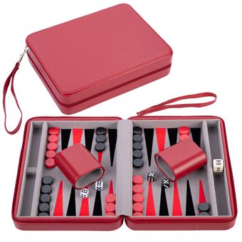 Jeu de Backgammon de Voyage 9 pouces Pratique - Etui en simili cuir Rouge - Fermeture Éclair - 1
